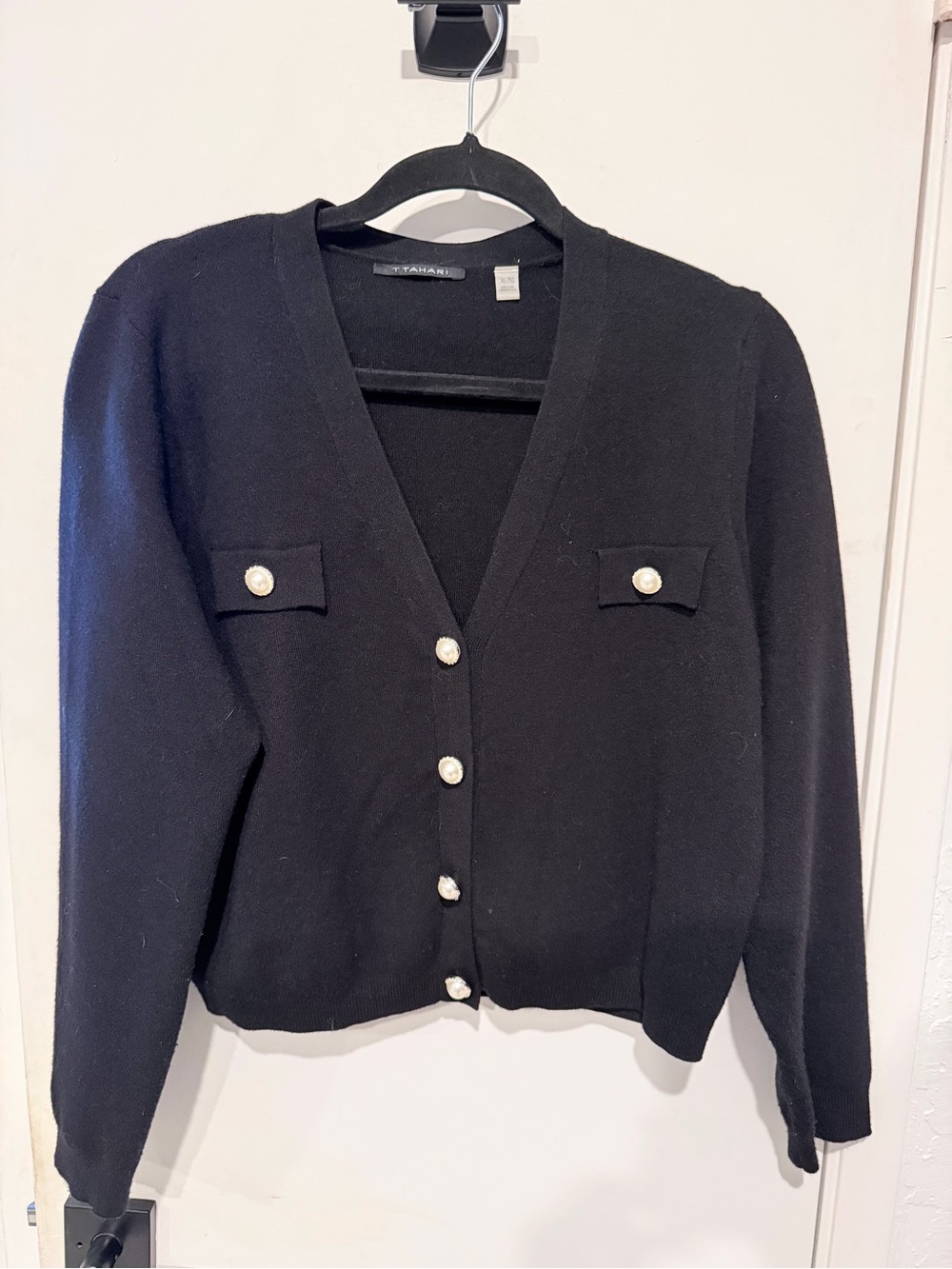 Tahari Black V-Neck Button Cardigan Sweater - Classic Style
